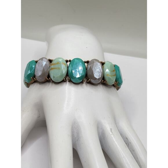 Vintage faceted oval glass stretch bracelet turquoise, gray marbled beads - Picture 4 of 6
